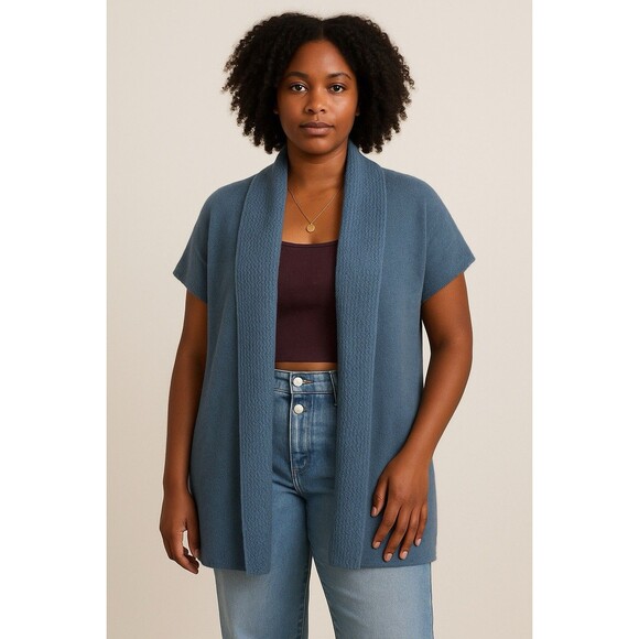Eileen Fisher 100% Cashmere Open Front Cardigan Sweater Size Large Short Sleeve - Picture 1 of 10